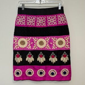 Leifsdottir Anthropologie Women's 4 Embroidered Embellished Pink and Black Skirt